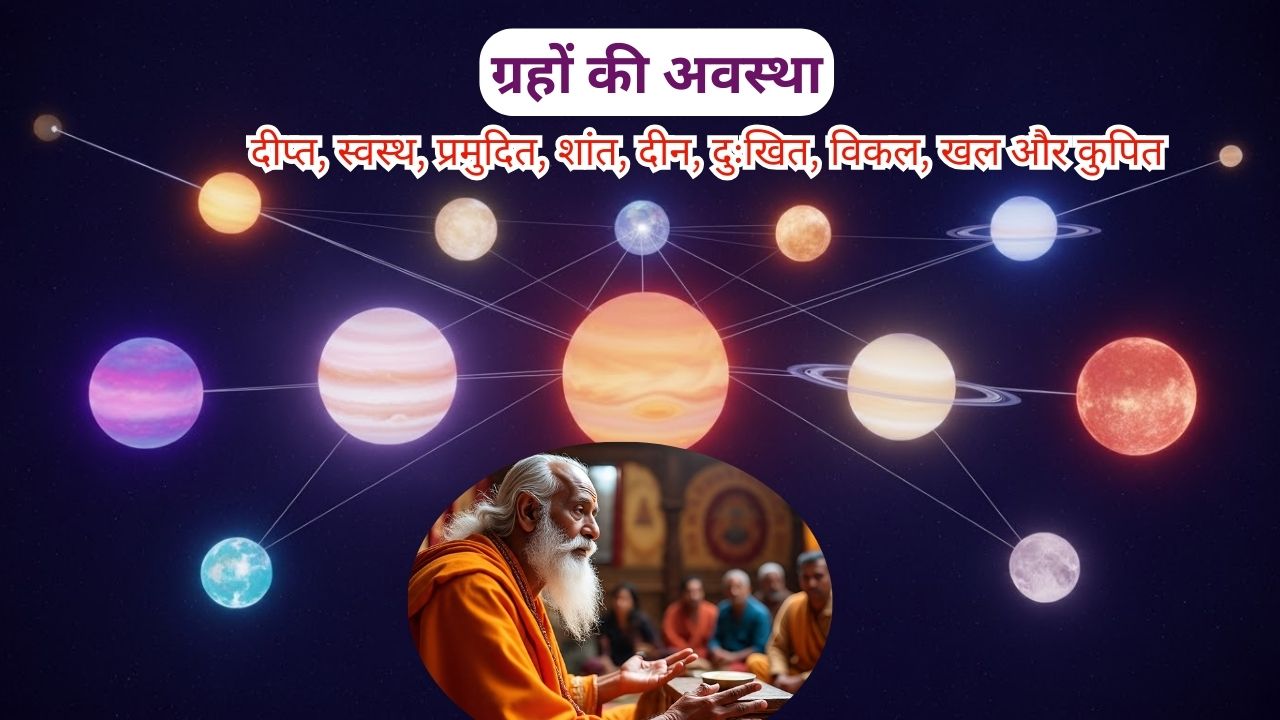 ग्रहों की अवस्था (grahon ki avastha) : दीप्त, स्वस्थ, प्रमुदित, शांत, दीन, दुःखित, विकल, खल और कुपित